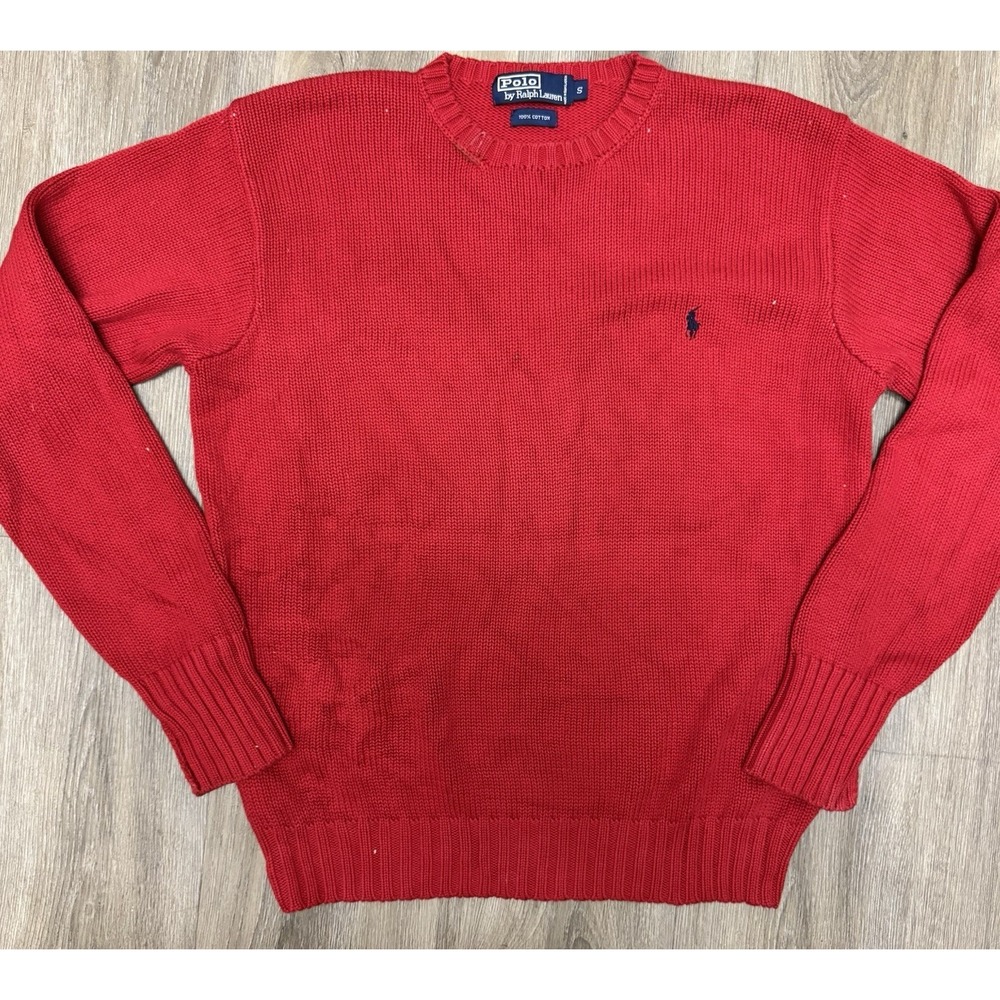 VTG 90s Y2K Polo Ralph Lauren Red Cotton Knit Crewneck Sweater Size S